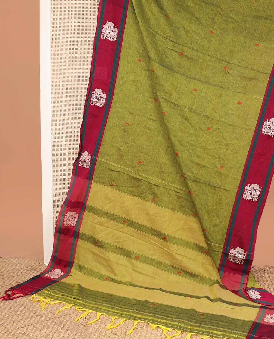 Green thread buttas Narayanapet cotton saree, contrast peacock motifs border, and pallu of stripes