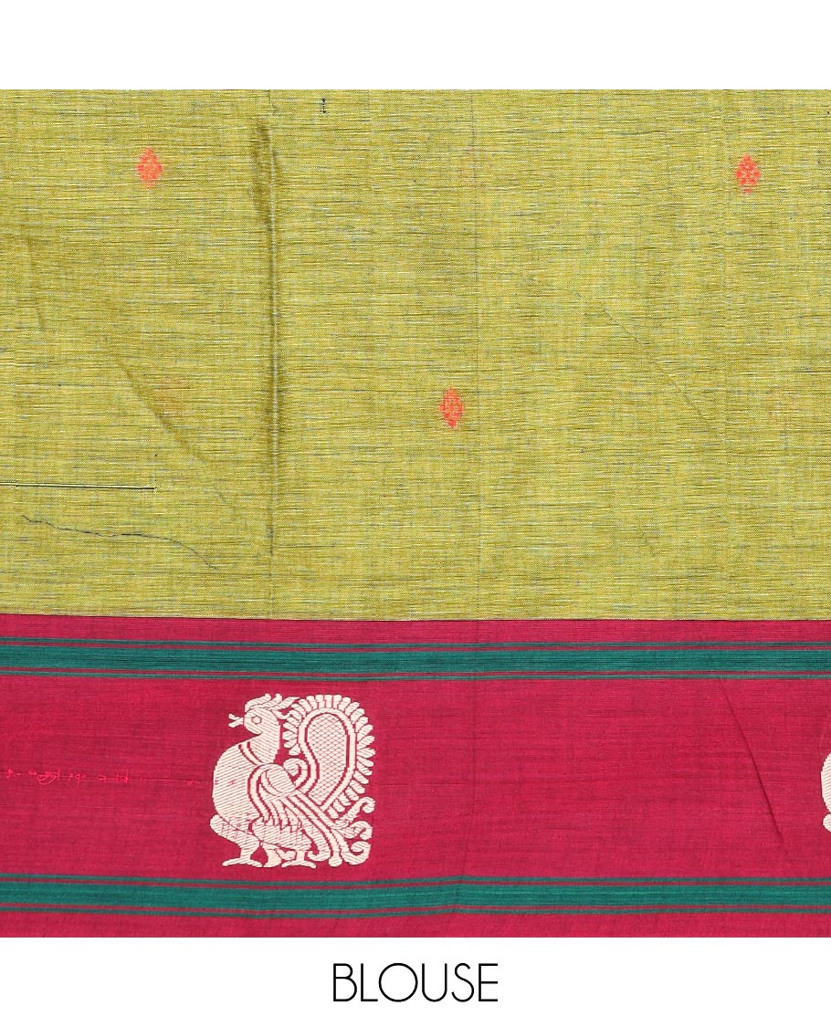 Green thread buttas Narayanapet cotton saree, contrast peacock motifs border, and pallu of stripes