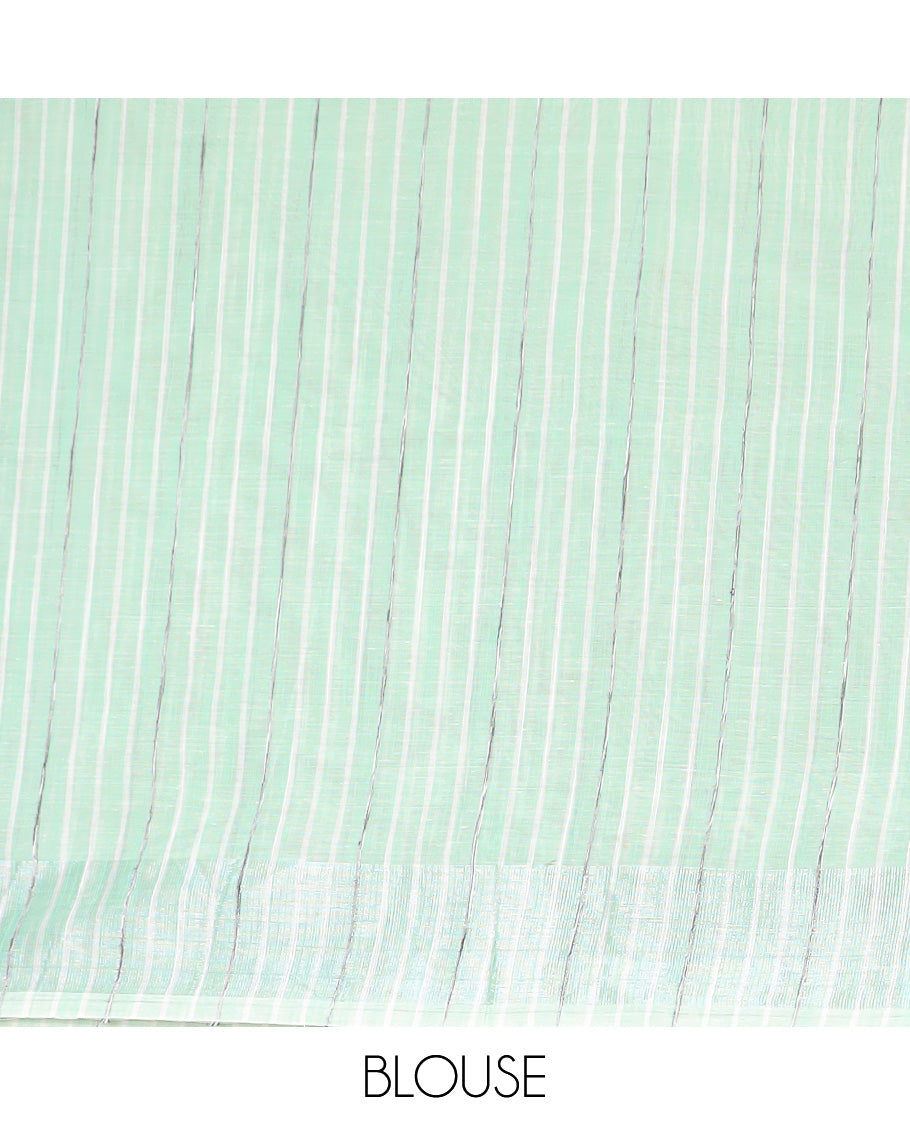 Green hand brushing style colorful floral printed jute cotton saree, zari with printed border, and striped pallu