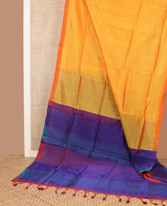 Borderless yellow plain design Mangalagiri Cotton saree, contrast abstract dyed pallu, and blouse