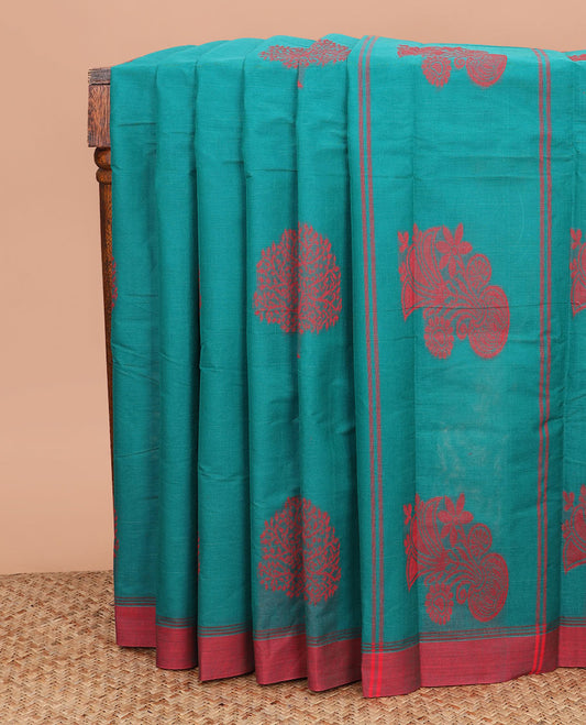 Ramar blue tree buttas kanchi cotton saree, contrast plain border, and floral potted pallu