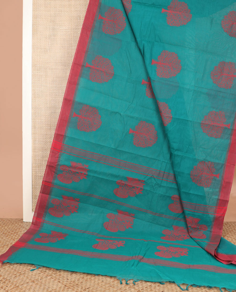 Ramar blue tree buttas kanchi cotton saree, contrast plain border, and floral potted pallu