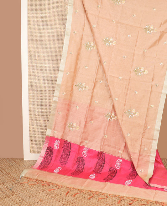 Pastel pink floral bouquet embroidered chirala cotton saree, plain border, and contrast block printed pallu