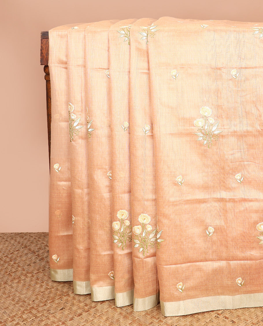 Pastel pink floral bouquet embroidered chirala cotton saree, plain border, and contrast block printed pallu