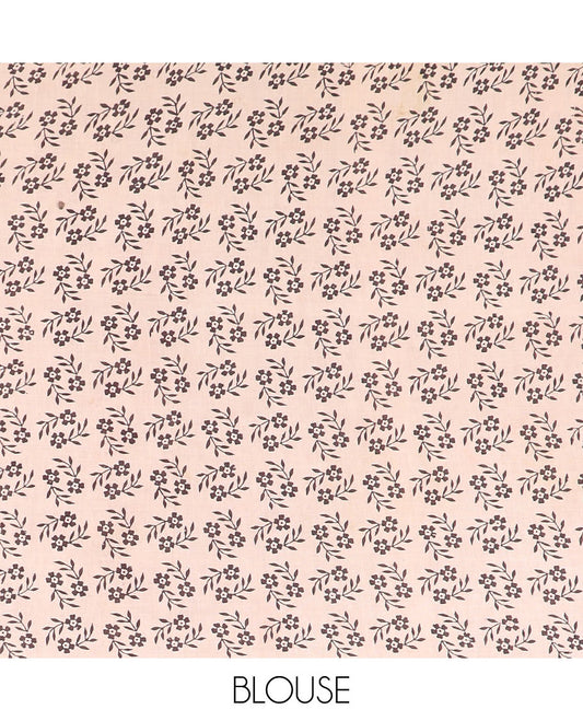 Brown flora, fauna, geometric and human motifs machine-printed cotton saree, contrast human motifs printed border, and pallu of floral-geometric print