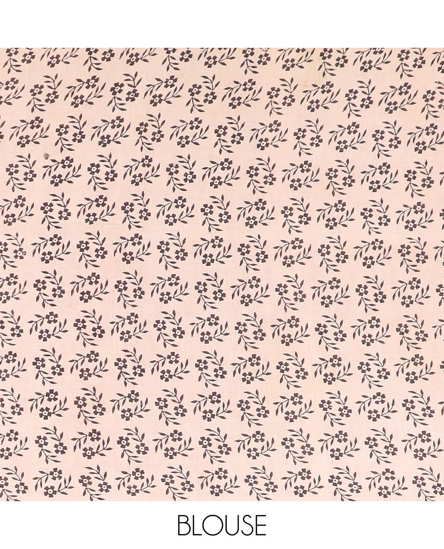 Brown flora, fauna, geometric and human motifs machine-printed cotton saree, contrast human motifs printed border, and pallu of floral-geometric print