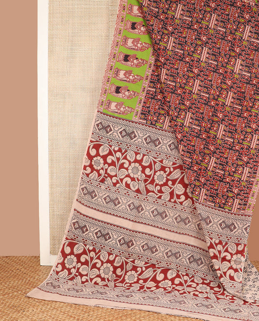 Brown flora, fauna, geometric and human motifs machine-printed cotton saree, contrast human motifs printed border, and pallu of floral-geometric print