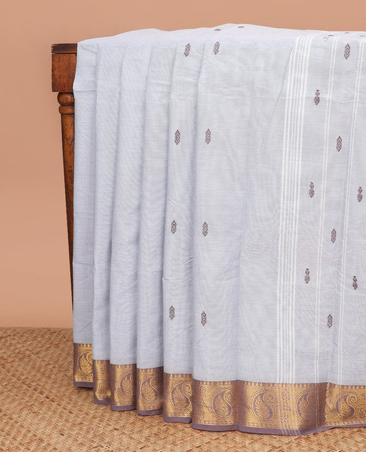 Grey thread buttas Chettinad cotton saree, contrast temple zari border of paisleys, and striped pallu