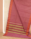 Red micro-checked Chettinad cotton saree, paisley design border, and striped pallu