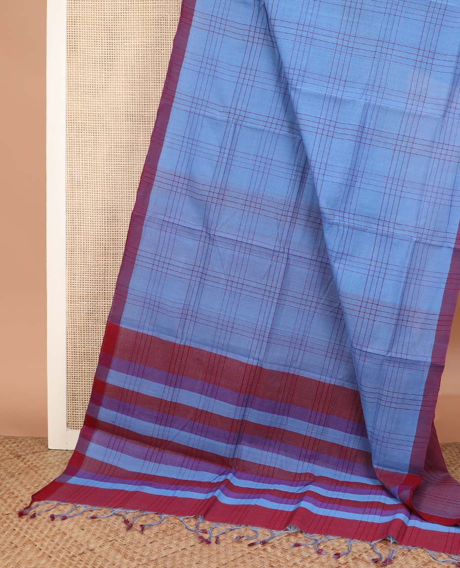 Blue checked Mangalagiri cotton saree, contrast border and striped pallu