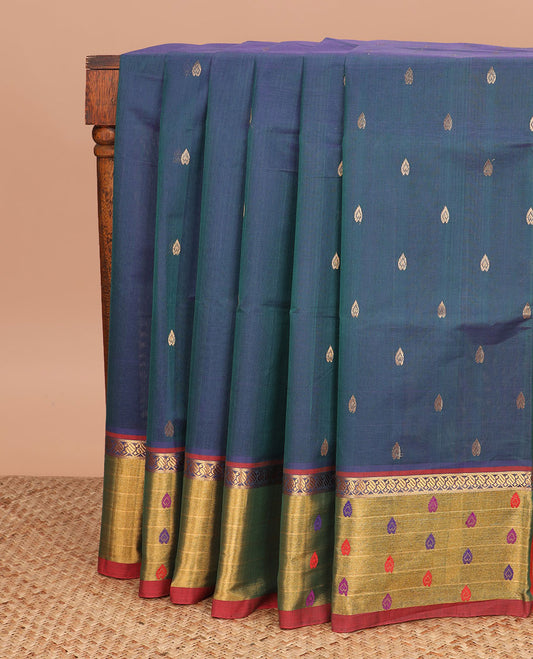 Blue zari buttas Venkatagiri cotton saree, contrast zari and thread work border, and zari striped pallu