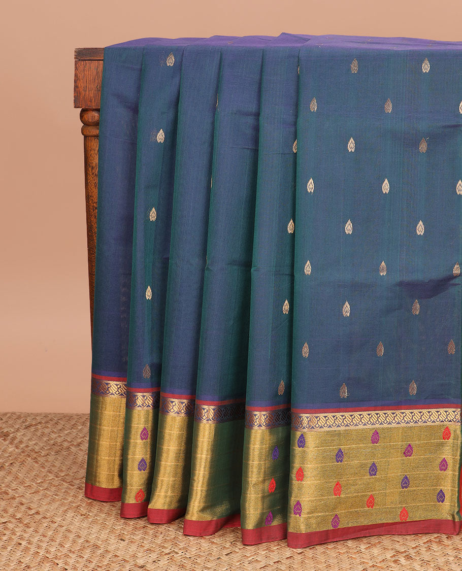 Blue zari buttas Venkatagiri cotton saree, contrast zari and thread work border, and zari striped pallu
