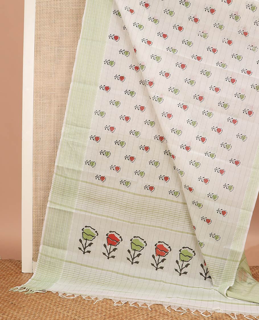 White striped and floral printed chirala cotton saree, traditional design steeped border, and pallu of stripes and floral print