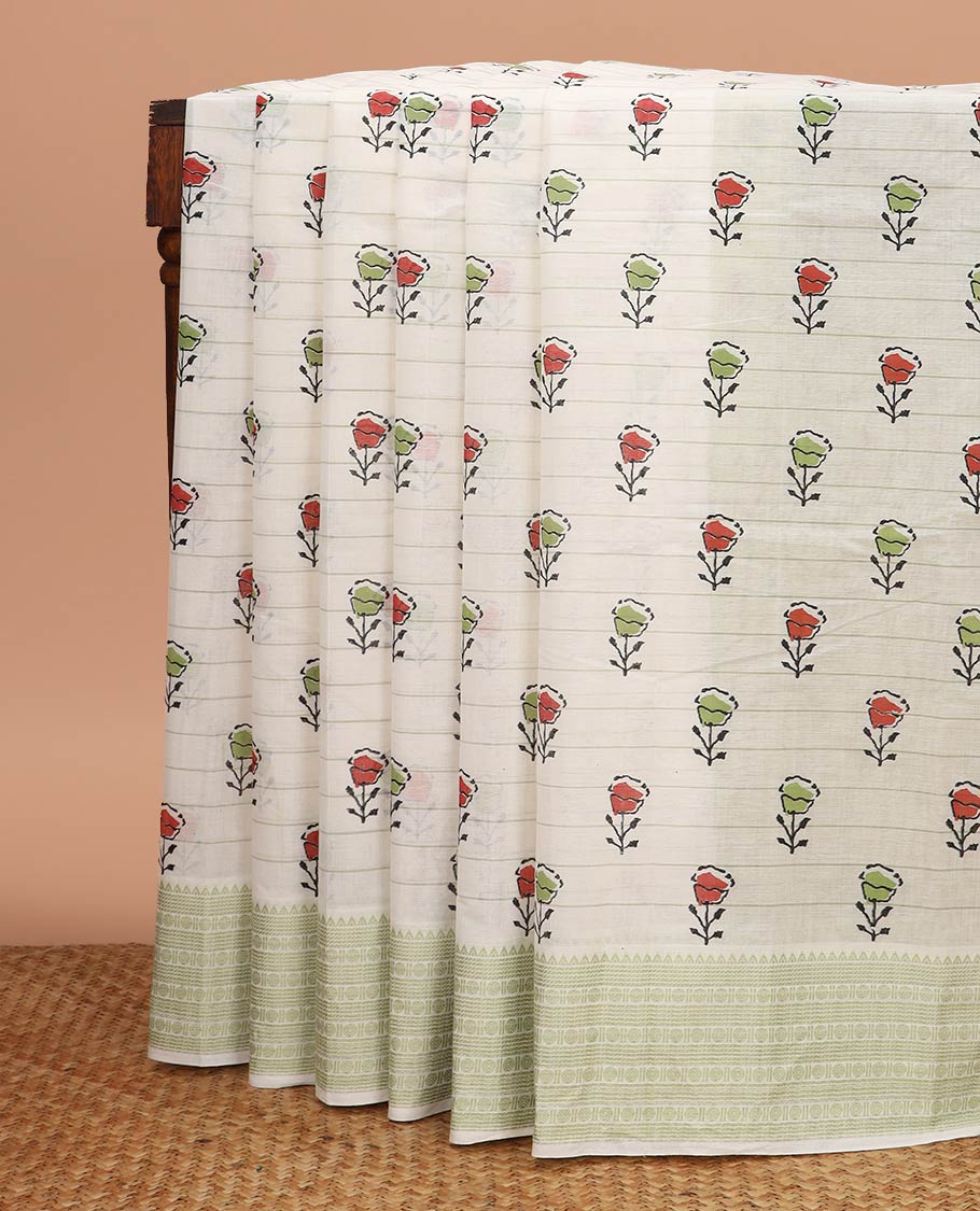 White striped and floral printed chirala cotton saree, traditional design steeped border, and pallu of stripes and floral print