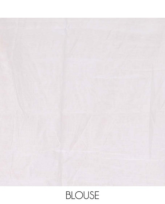 White and red motifs printed linen cotton saree, contrast temple geometric patterns printed border, and pallu of human doll and geometric print