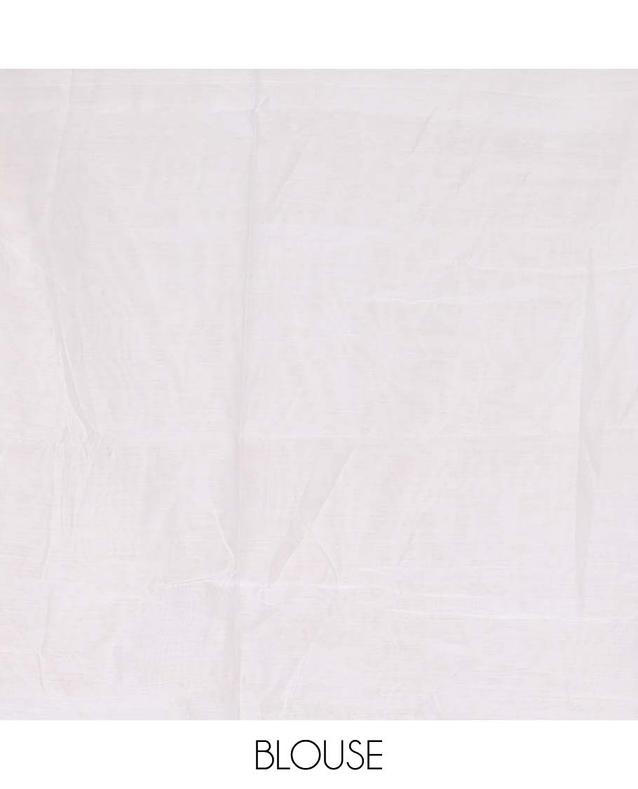 White and red motifs printed linen cotton saree, contrast temple geometric patterns printed border, and pallu of human doll and geometric print