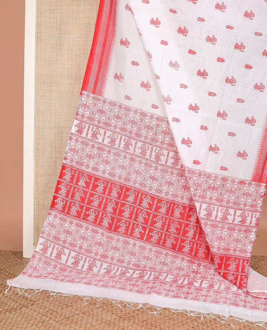 White and red motifs printed linen cotton saree, contrast temple geometric patterns printed border, and pallu of human doll and geometric print
