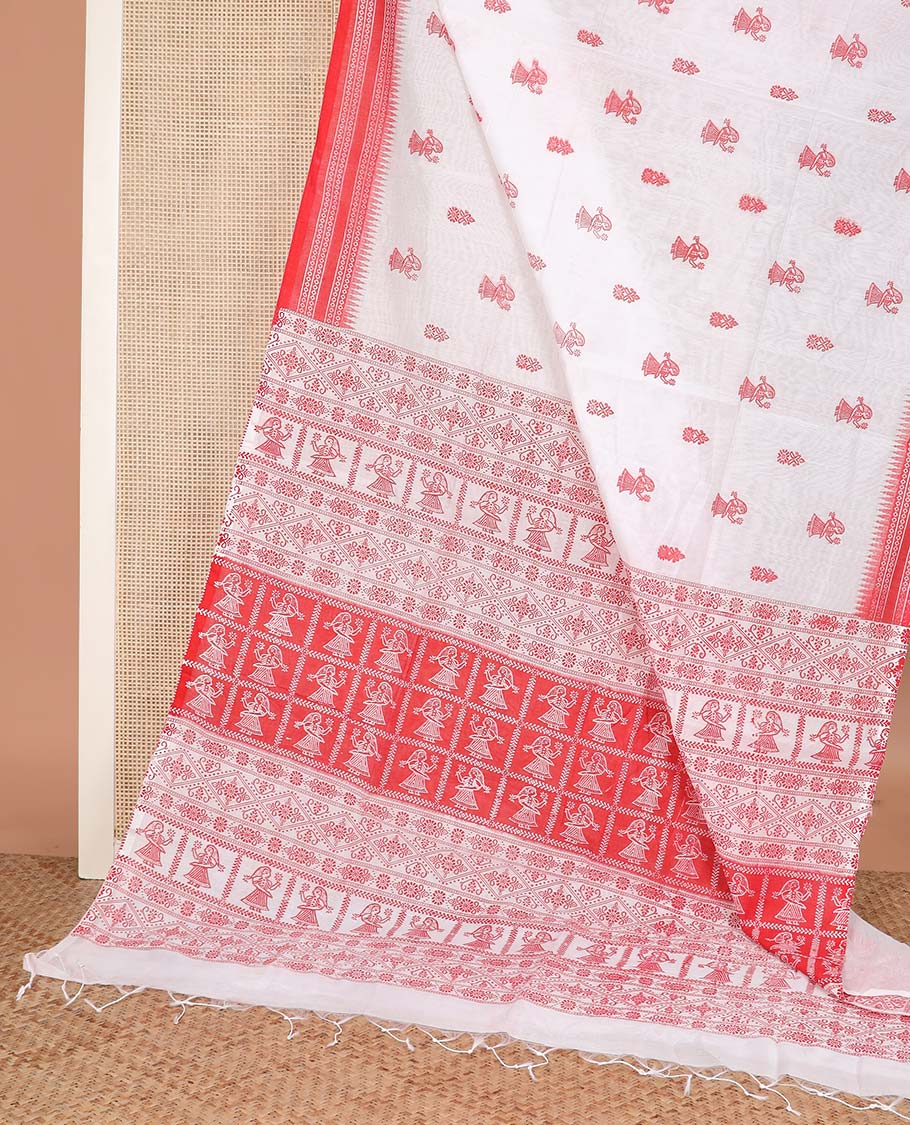 White and red motifs printed linen cotton saree, contrast temple geometric patterns printed border, and pallu of human doll and geometric print