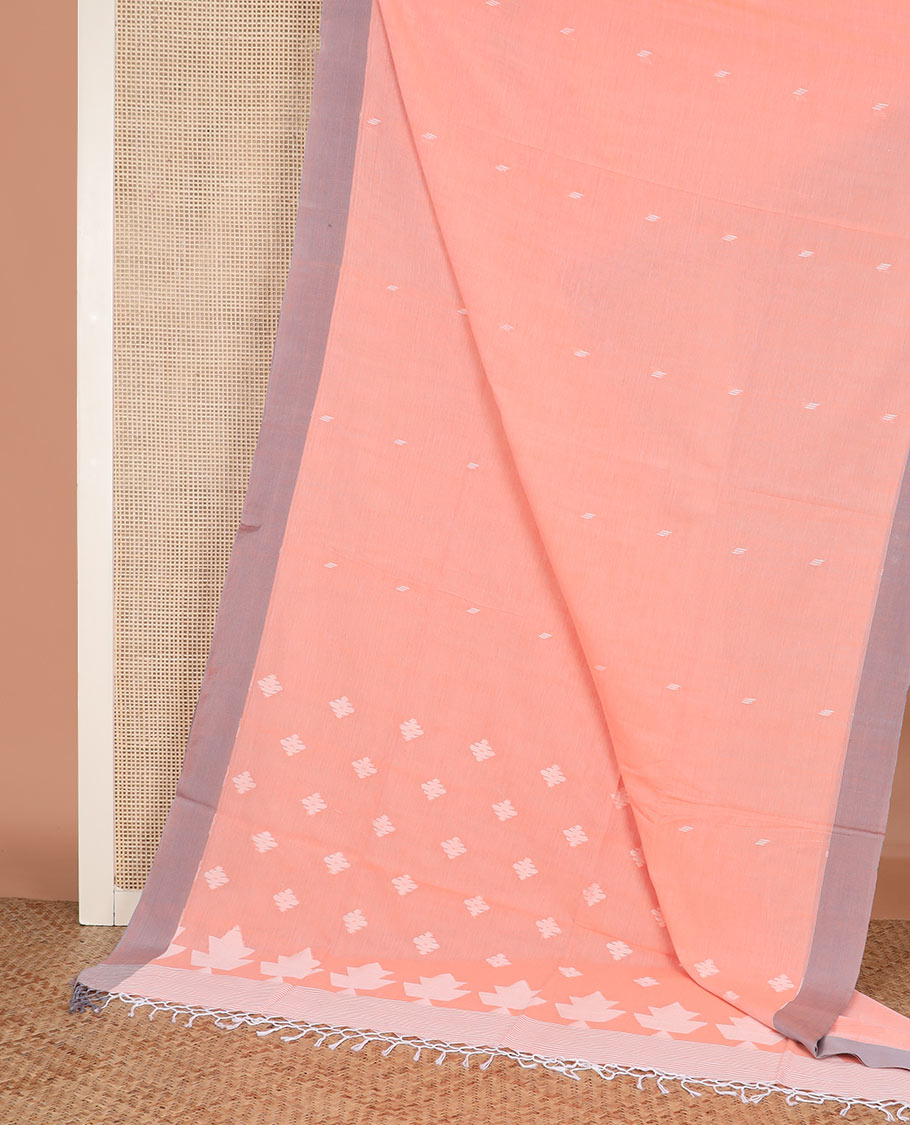 Pastel orange thread buttas Khadi cotton saree, contrast plain border, and pallu of geometric buttas