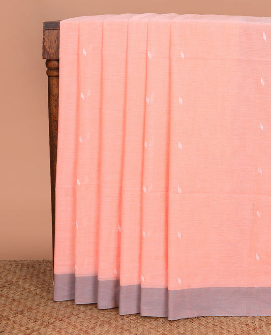Pastel orange thread buttas Khadi cotton saree, contrast plain border, and pallu of geometric buttas