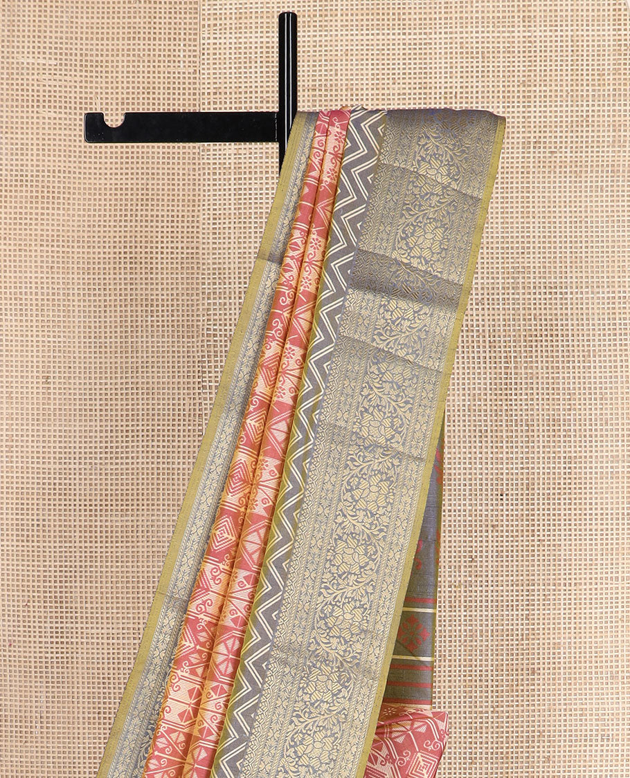 Dark peach intricately designed semi-banaras patola silk saree, contrast floral creeper zari design border, and pallu of chevron and floral designs