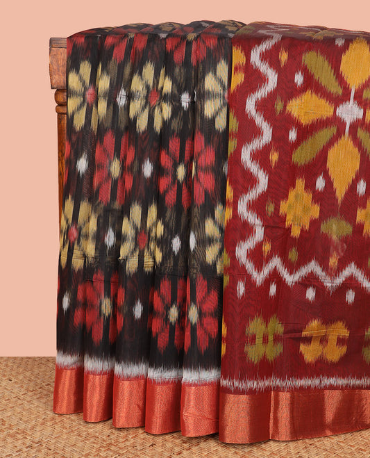 Brown Ikkat Cotton Saree, Sparsely Woven with Ikkat-Style Flower Patterns Woven All Over Its Body, Highlighted by Contrast Border, Pallu of Geometric Patterns in Ikkat Weave, and Paired with a Contrast Blouse