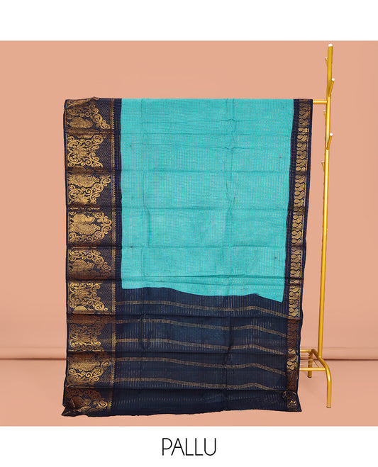 Blue Sungudi Cotton Saree, Decked Up with Zari Checked Design on Its Body, Complemented by a Contrast Traditional Zari Design Border of Peacock Designs, Zari-Design Pallu, and Paired with a Contrast Blouse