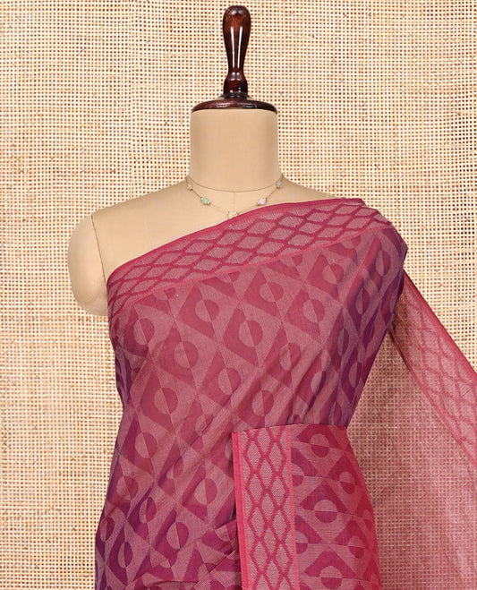 Red Coimbatore Cotton Saree, Elevated with Geometric Design on Its Body, a Subtle Diamond Border, Pallu of Ogee Patterns, and Paired with Matching Blouse