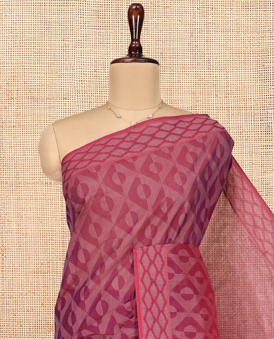 Red Coimbatore Cotton Saree, Elevated with Geometric Design on Its Body, a Subtle Diamond Border, Pallu of Ogee Patterns, and Paired with Matching Blouse