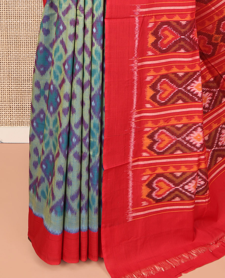 Multi-Color Ikkat Cotton Saree, Bedecked with Ikkat-Style Intricately Design All Over Its Body, Complemented by a Contrast Border, Pallu of Ikkat Patterns, and Paired with a Contrast Blouse