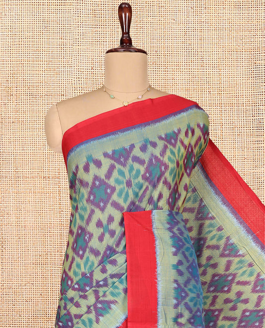 Multi-Color Ikkat Cotton Saree, Bedecked with Ikkat-Style Intricately Design All Over Its Body, Complemented by a Contrast Border, Pallu of Ikkat Patterns, and Paired with a Contrast Blouse