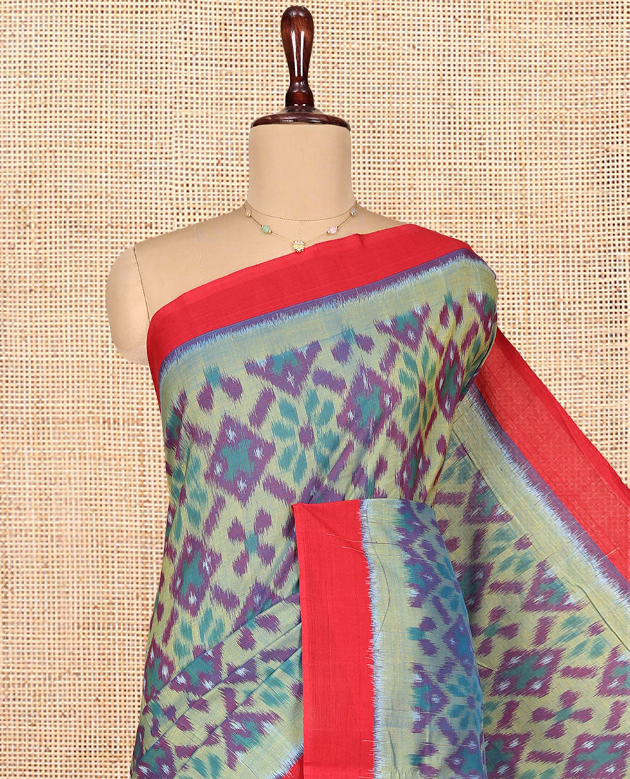 Multi-Color Ikkat Cotton Saree, Bedecked with Ikkat-Style Intricately Design All Over Its Body, Complemented by a Contrast Border, Pallu of Ikkat Patterns, and Paired with a Contrast Blouse