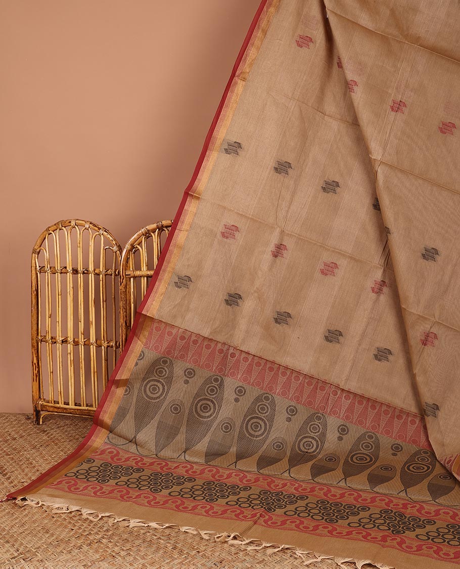 Brown striped Coimbatore cotton saree, with buttas,  contrast border & pallu of intricate designs