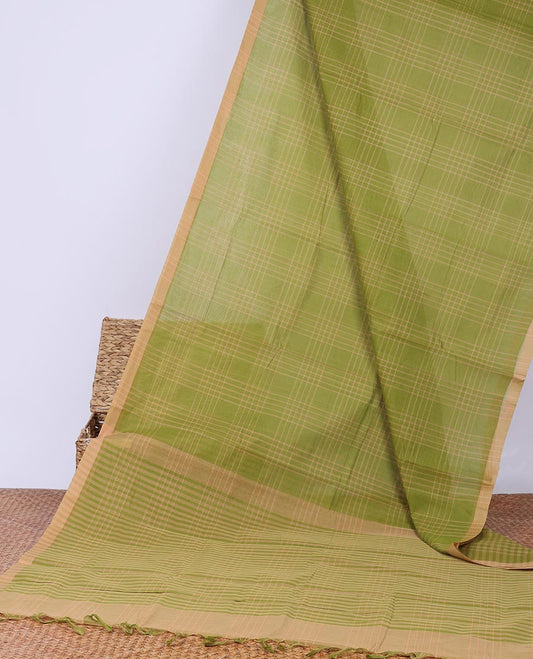 Green checked design khadi cotton saree with contrast striped border & checked design pallu