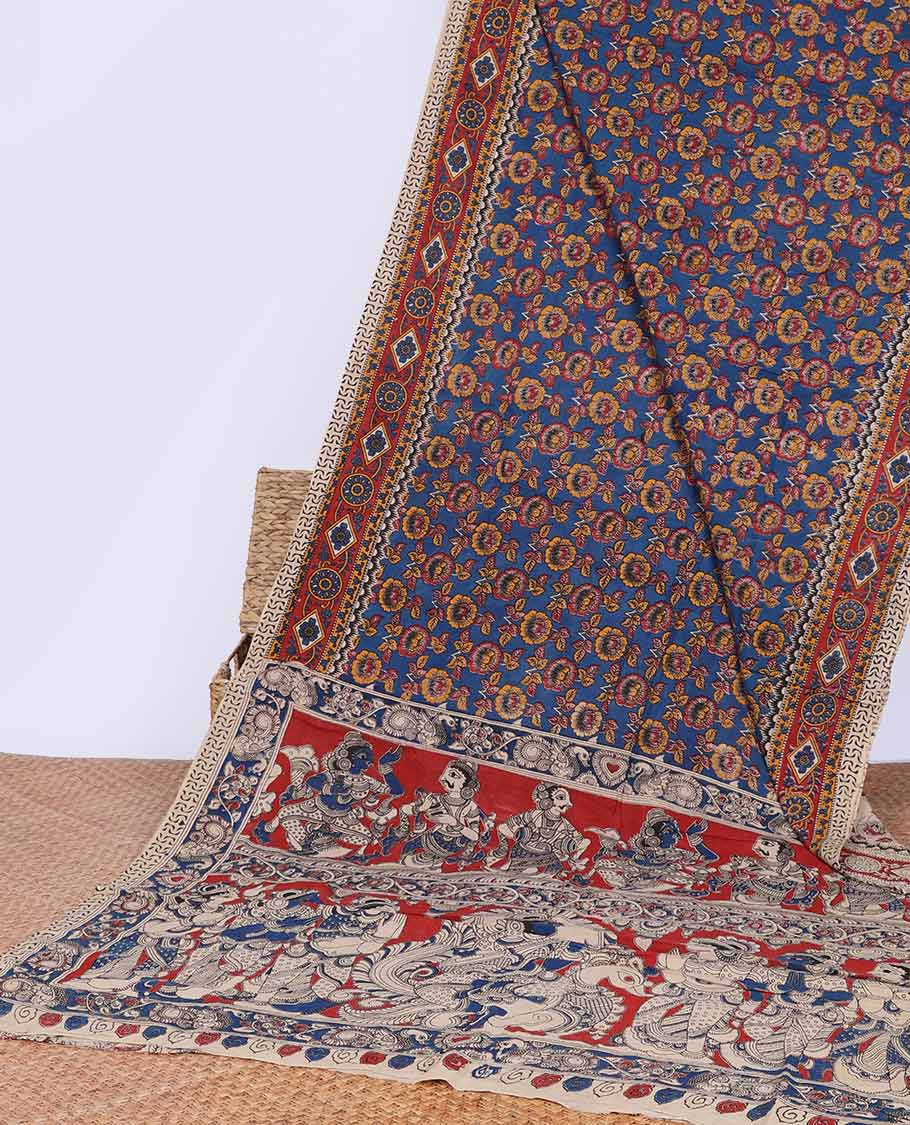 Blue floral motifs machine printed kalamkari cotton saree with contrast border & human inspried design pallu