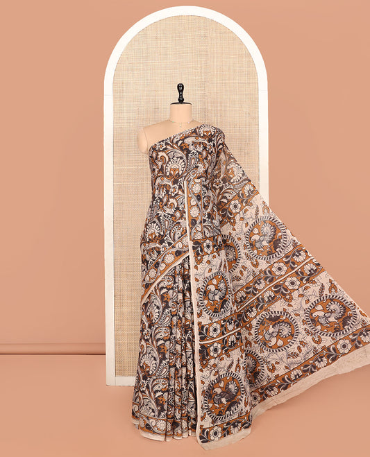 Borderless Brown Kalamkari Cotton Saree, Ornamented with Intricately Floral Print, Self-Pallu of Peacock Motifs, and a Matching Blouse