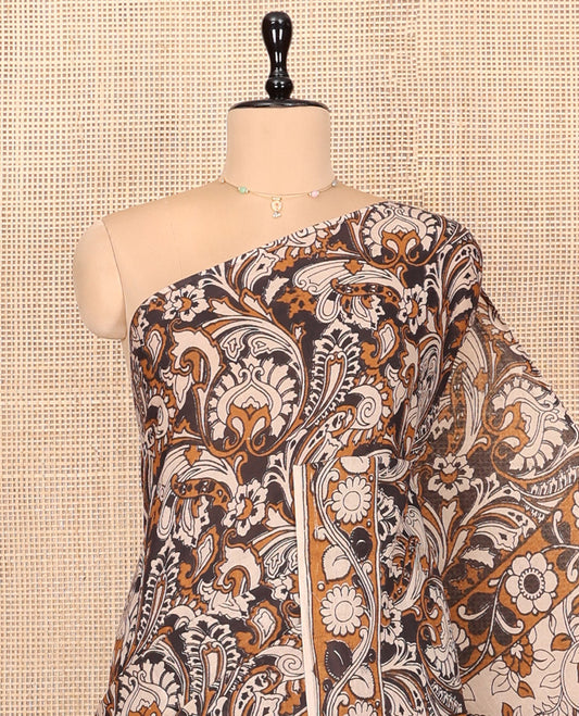 Borderless Brown Kalamkari Cotton Saree, Ornamented with Intricately Floral Print, Self-Pallu of Peacock Motifs, and a Matching Blouse