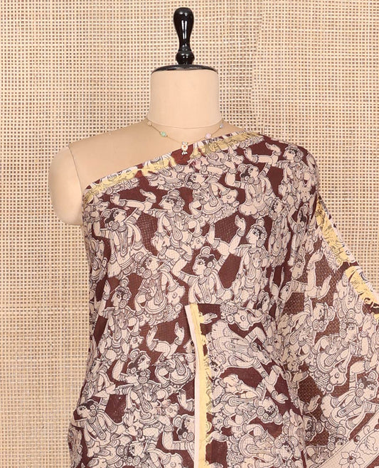 Brown Machine-Printed Kalamkari Cotton Saree Features Human Motifs, a Piping Border, Pallu of Peacocks, and a Matching Blouse