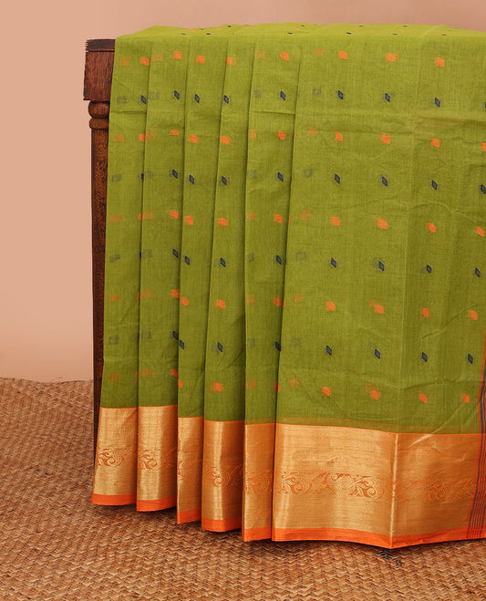 Parrot green buttas Bengal cotton saree, contrast paisley creeper zari border & pallu of buttas & stripes