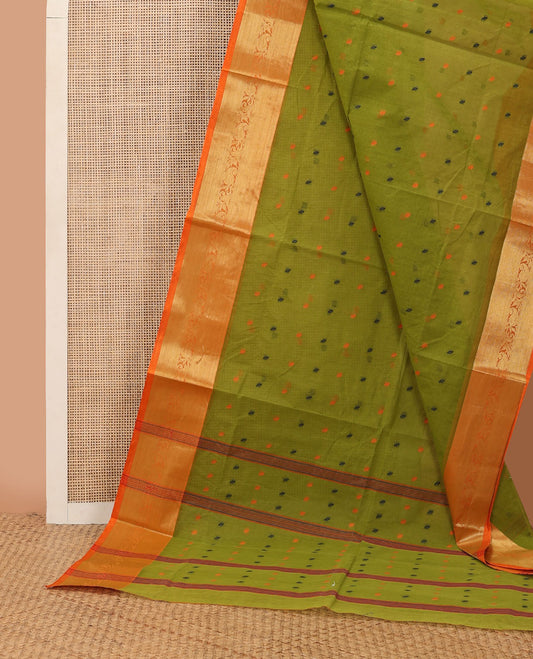 Parrot green buttas Bengal cotton saree, contrast paisley creeper zari border & pallu of buttas & stripes