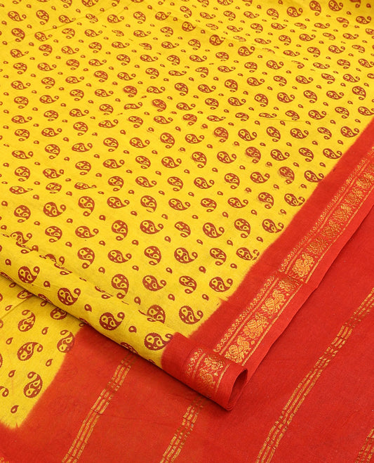 Yellow paisley buttas nine-yard cotton saree, contrast peacock zari border, and striped pallu