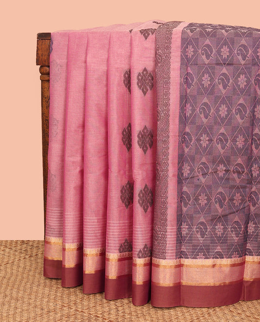 Pink Kanchi Cotton Saree, Uniquely Designed with Buttas All Over Its Body, Complemented by Contrast Zari Design Border, Pallu of Jaal Design, and Paired with a Matching Blouse