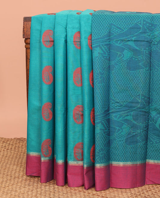 Blue Kanchi Cotton Saree, Sparsely Woven with Thread Buttas All Over Its Body, Complemented by a Contrast Border, Pallu Features Human Figurines, and Paired with a Matching Blouse