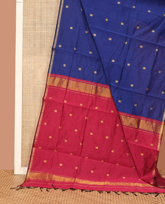 Blue Maheshwari Cotton Saree, Finely Woven with Flower Buttas All Over Its Body, Subtly Woven Piping Border, Captivating Contrast Pallu Steeped with Buttas, and Paired with a Contrast Blouse