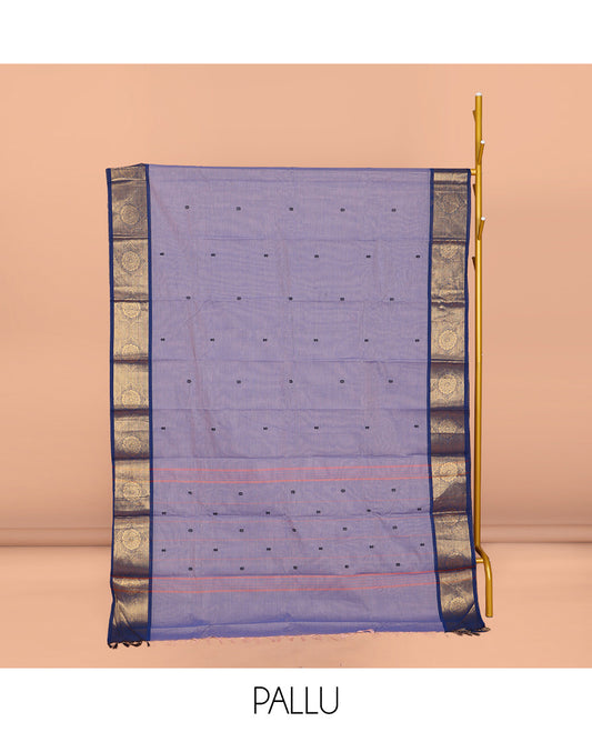 Lavender Chettinad Cotton Saree, Subtly Sparkled with Buttas All Over Its Body, Complemented by a Contrast Chakram Zari Design Border, Pallu of Stripes and Buttas, and Paired with a Matching Blouse