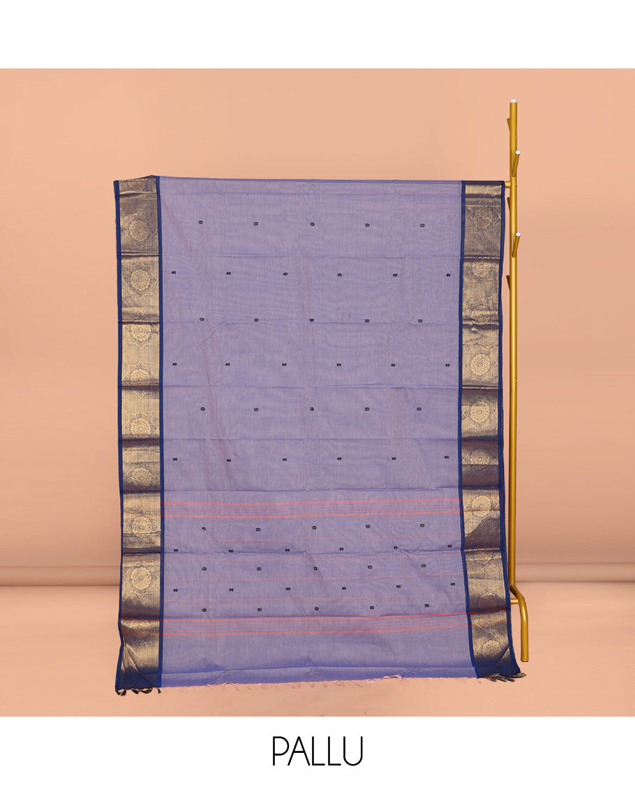 Lavender Chettinad Cotton Saree, Subtly Sparkled with Buttas All Over Its Body, Complemented by a Contrast Chakram Zari Design Border, Pallu of Stripes and Buttas, and Paired with a Matching Blouse