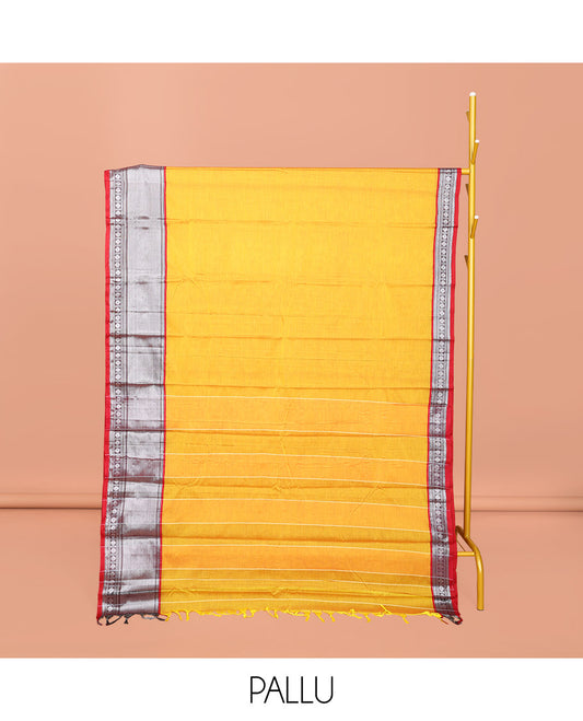 Yellow Plain Narayanpet Cotton Saree, Complemented by a Contrast Traditional Design Border, Plain Pallu, and Comes Without a Blouse