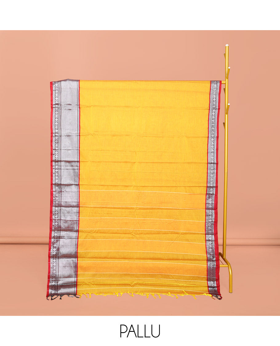 Yellow Plain Narayanpet Cotton Saree, Complemented by a Contrast Traditional Design Border, Plain Pallu, and Comes Without a Blouse