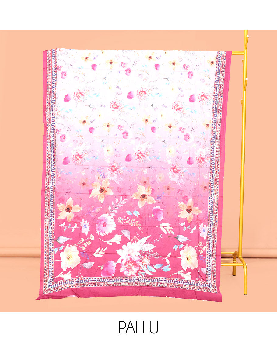 Grey Mul Mul Cotton Saree, Artfully Detailed with Floral Print, Contrast Border, Tropical Floral Printed Pallu, and a Contrast Blouse