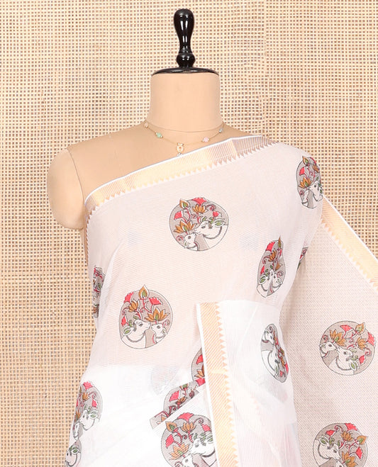 White Andhra Cotton Saree, Subtly Enriched with Pichwai Cow Buttas, Highlighted by a Temple Zari Border, Striped Pallu, and a Contrast Blouse